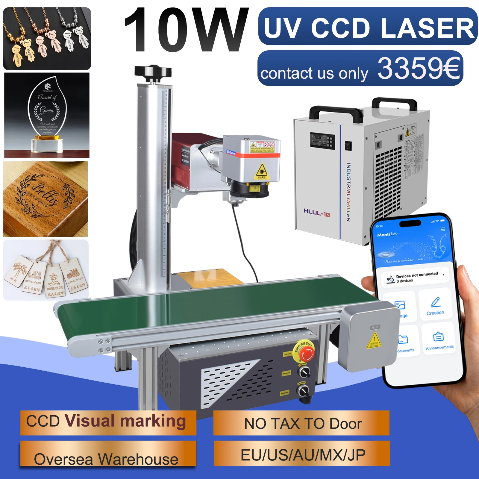 Gravador a laser de vidro uv 10w, sistema de posicionamento visual ccd, máquina de fazer câmera para metal, plástico, pcb, wi-fi, aplicativo