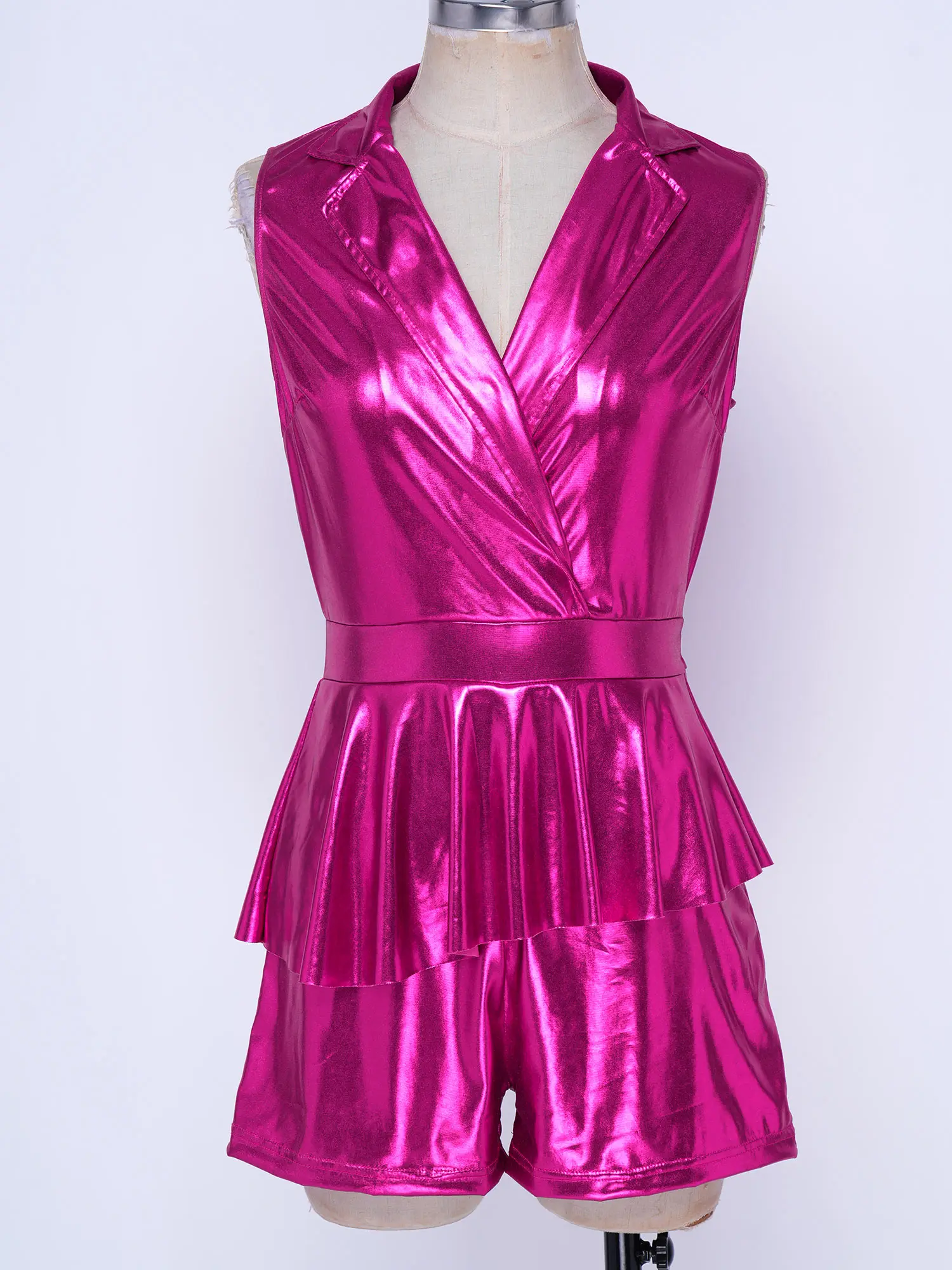Women Metallic Shiny Raves Party Rompers Leotards Notch Lapel Deep V Neck Sleeveless Ruffled Short Jumpsuit Halloween Dancewear