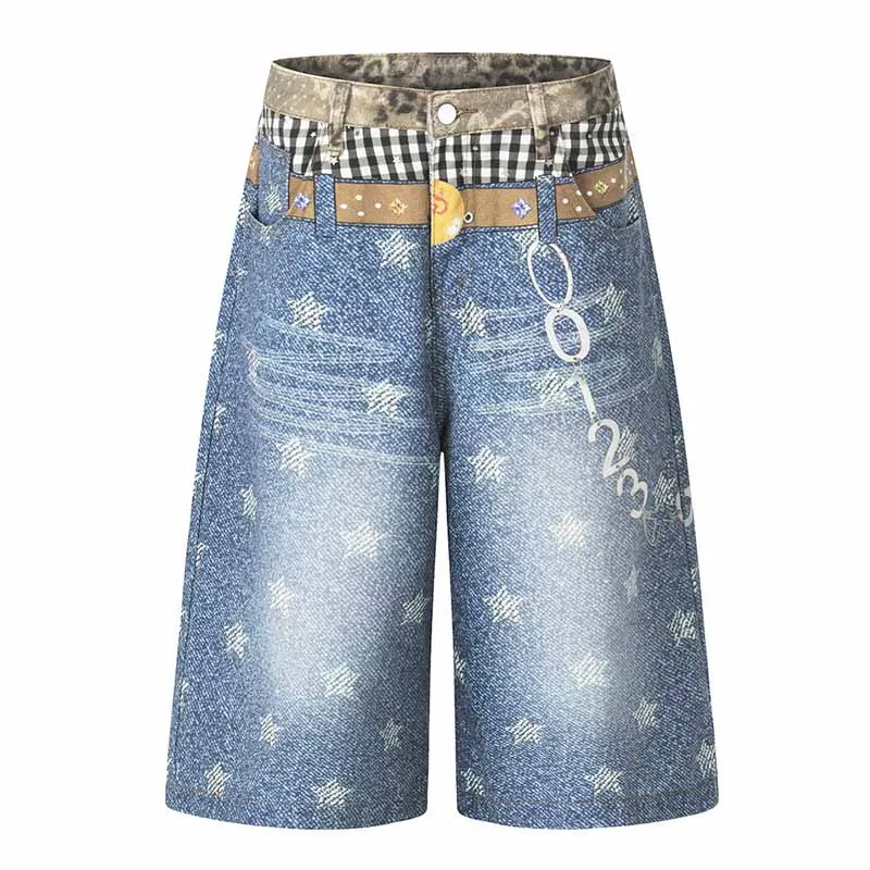 

Star Printed Hip Hop Jeans Shorts Streetwear Harakuju Blue Denim Shorts For Male Vintage