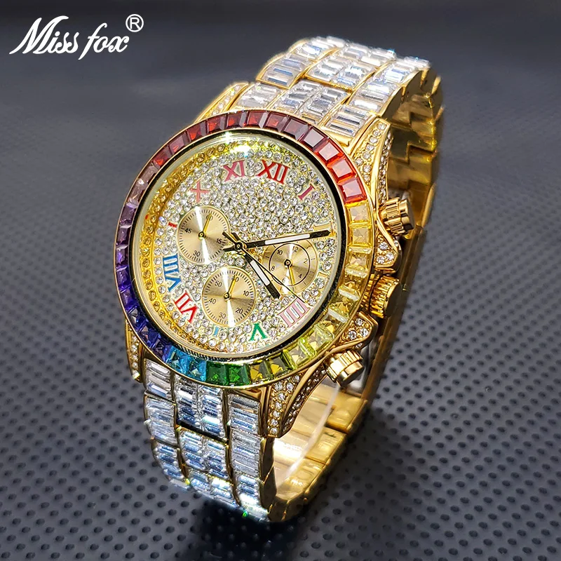 Colorful Diamond Bezel Watch For Men Hip Hop Iced Out Gold Plated Chronograph Watches Unique Fashion Stainless Steel Bling Clock