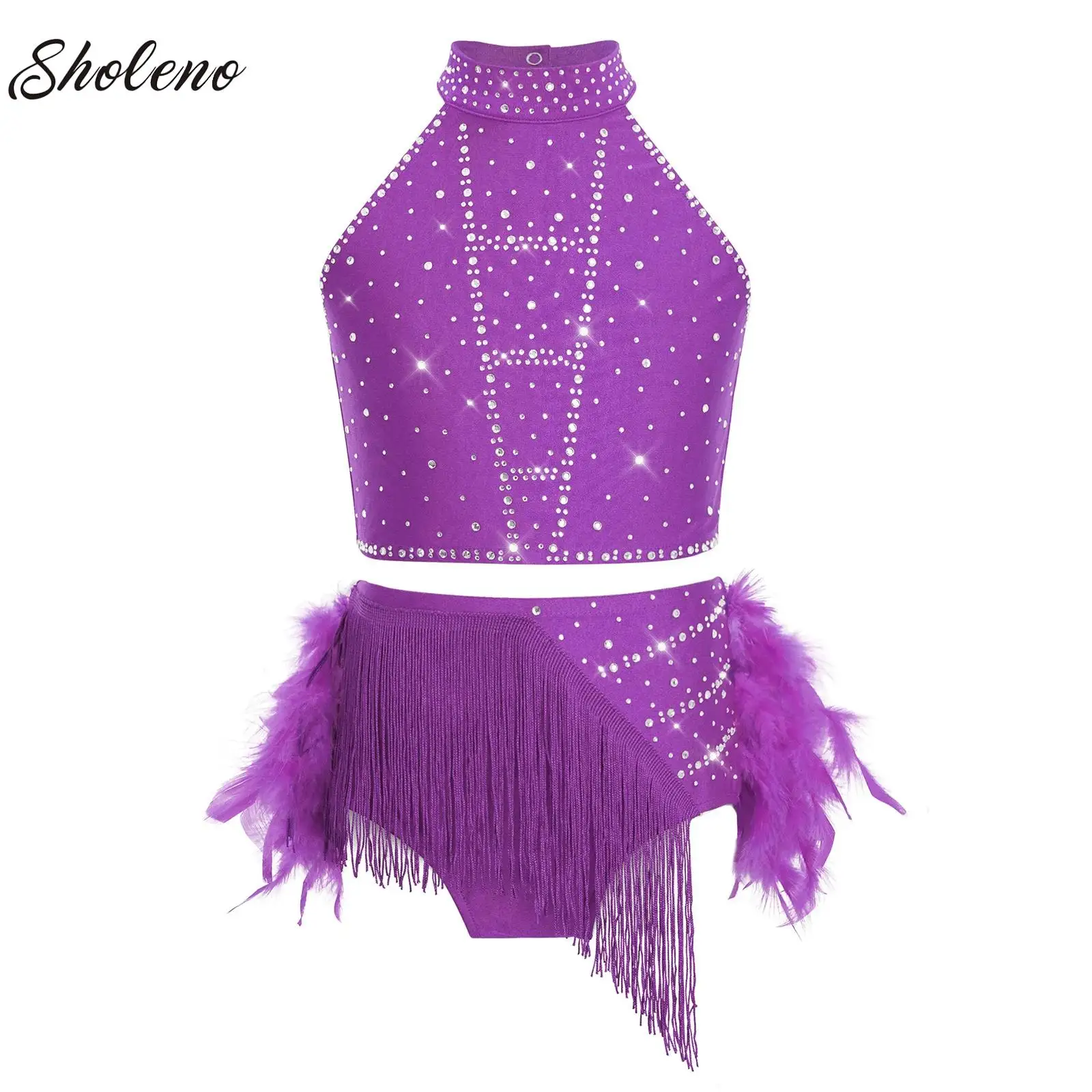 

Kids Girls Latin Dance Set Rhinestones Crop Top with Feather Briefs Ballet Outfit for Modern Lyrical Contemporary Performance