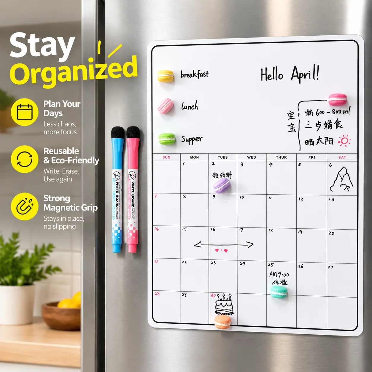 Magnetic Dry-Erase Acrylic Fridge Calendar, Reusable Soft Magnetic Whiteboard Sticker for Refrigerator, Customizable Message