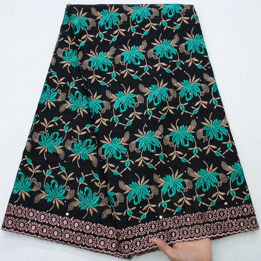 2026 Afrikanischer Baumwoll-Spitzenstoff 5 Yards – Schwarz mit Türkis- und Goldblatt-Stickerei, nigerianische Schweizer Voile-Spitze für Partykleider