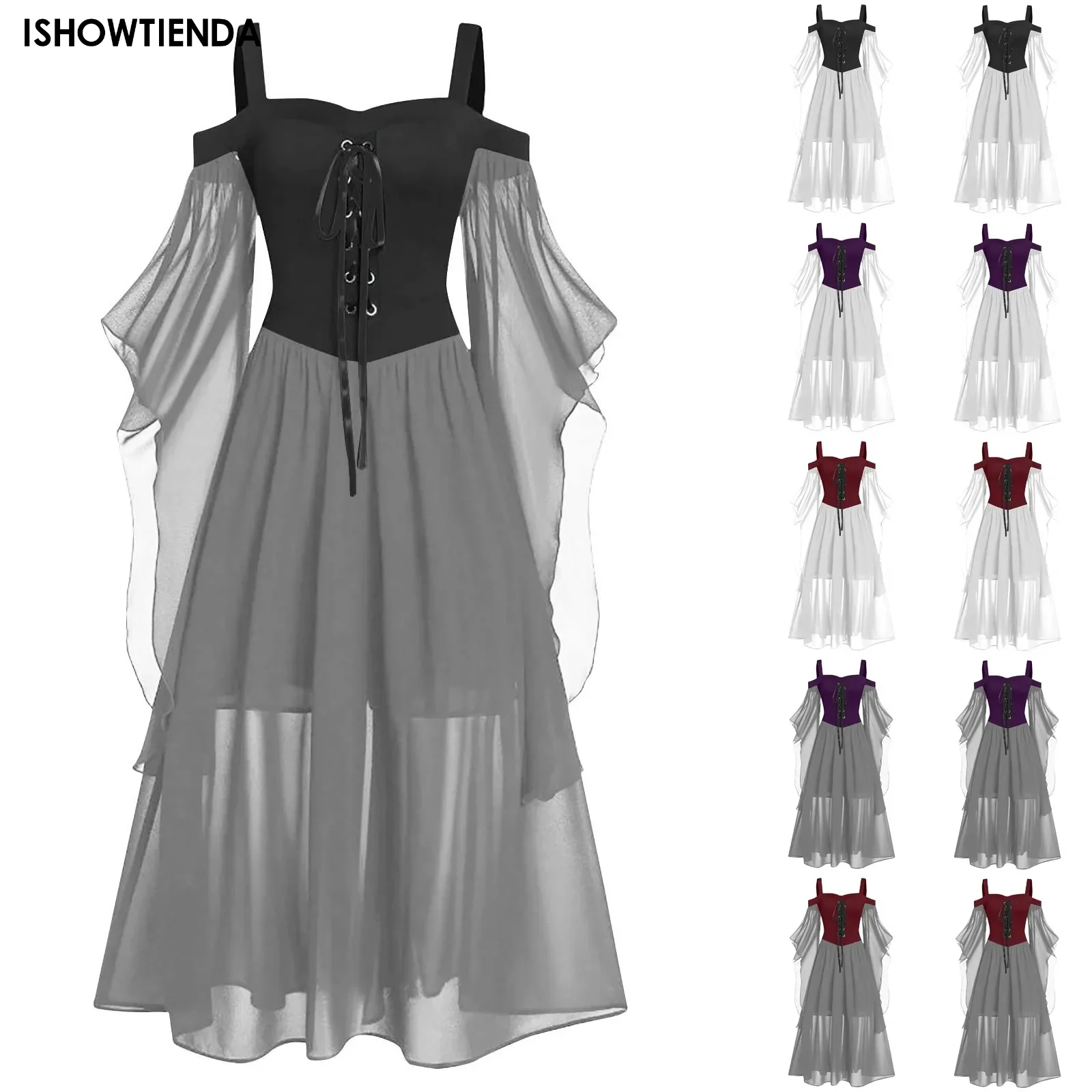 2024 New Medieval Witch Dress For Women Halloween Carnival Women Plus Size Cold Shoulder Butterflly Sleeve Halloween Gothic Dres