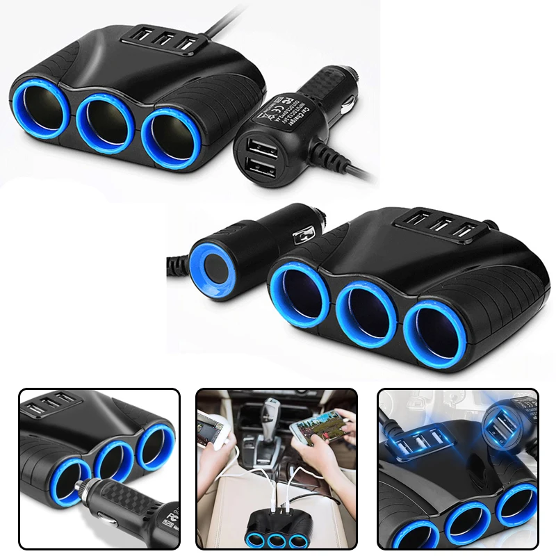 12V/24V 3 Way Socket Car Cigarette Lighter Adapter Socket Extension Splitter Lighter 5V 3.1A Output Socket With 5 USB Charger