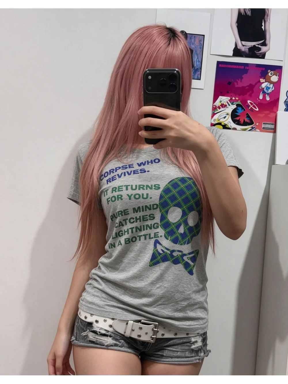 New summer retro punk hot girl top with blue-green checkered skull tie, letter pattern, street casual trend, niche and versatile