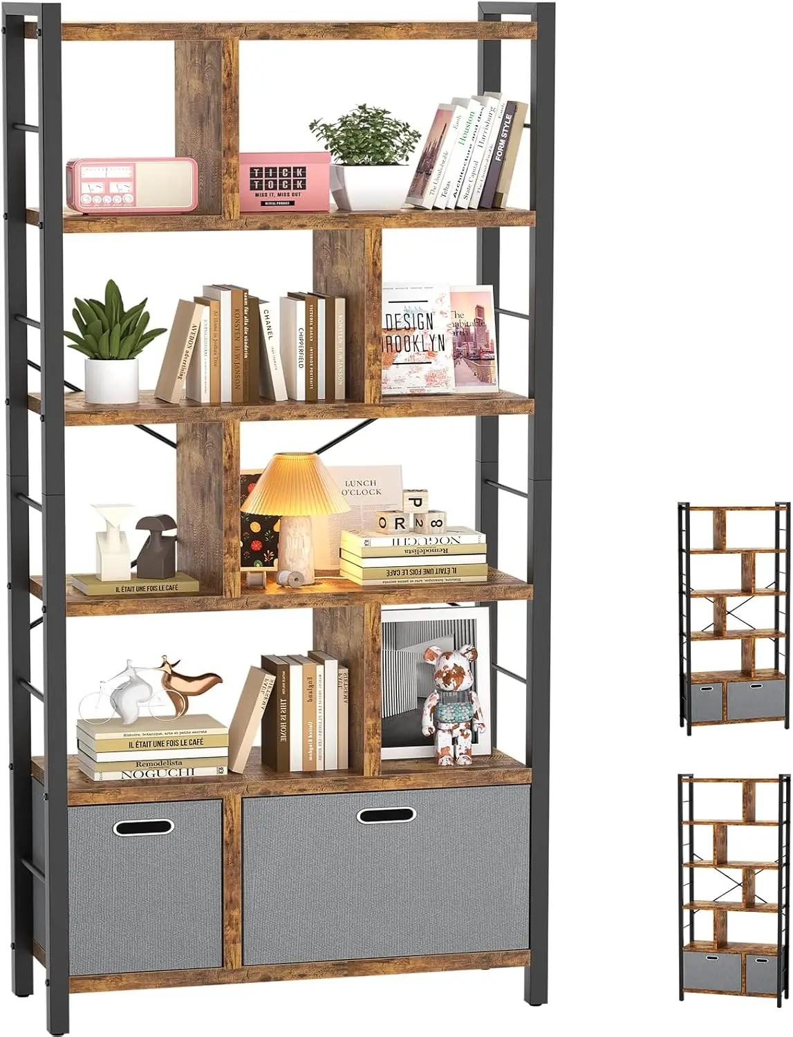 

74 Inch Tall Bookshelf, 6 Tier Bookcase with Drawers, Modern Book Shelf Display Standing Shelf Units with Storage, Wood and Meta