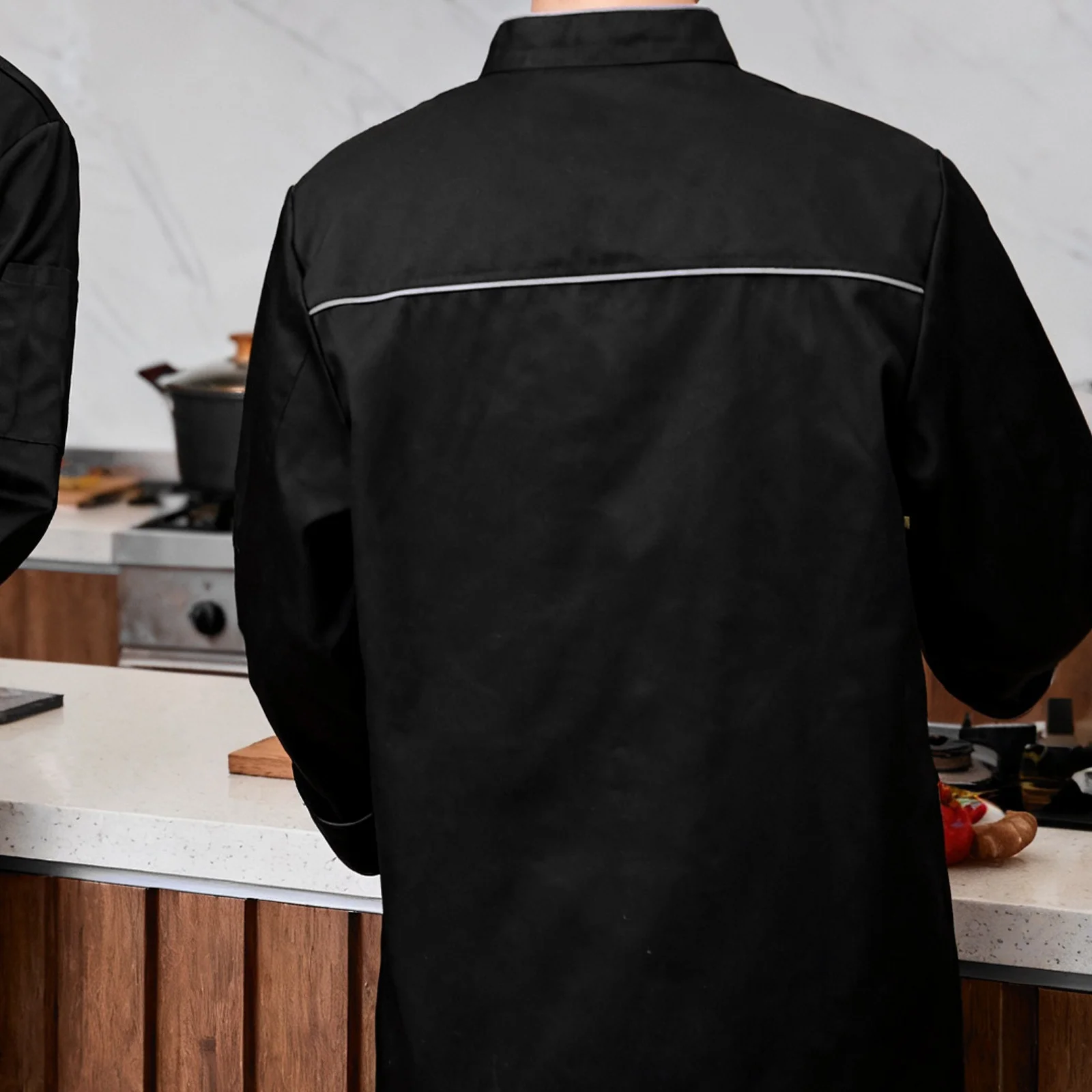 Kurtka kucharska unisex czarna z długim rękawem, odporna na pryskające cieczy, wygodna, uniform dla mężczyzn i kobiet do restauracji i hoteli.