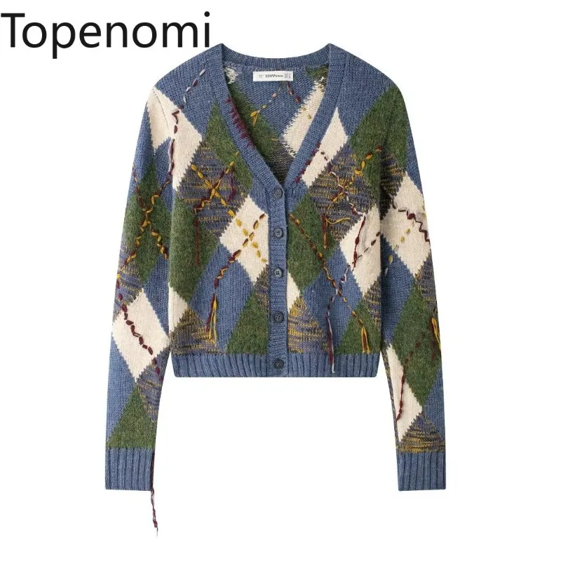 Topenomi Argyle Short Knitted Cardigan Women Autumn Winter V Neck Long Sleeve Sweater Coat Vintage Preppy Tassel Design Slim Top