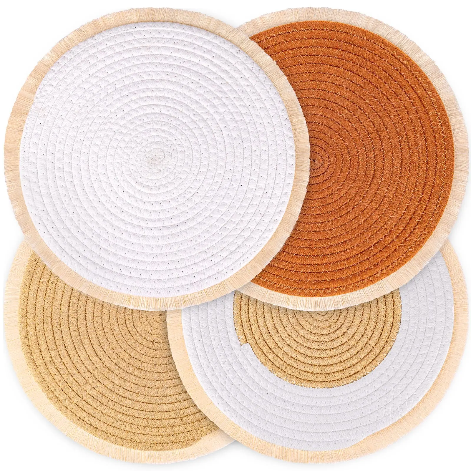 13 Inch Round Cotton Placemats Set of 4,Boho Placemats Woven, Handmade Braided Heat Resistant Non-Slip Farmhouse Weave Placemats