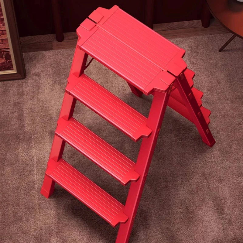 Aluminum Alloy Folding Ladder,Red A-Frame Ladder,Indoor 3-Step Stool,Anti-Slip Pedal-Triangle Structure,Wear-Resistant,Stable