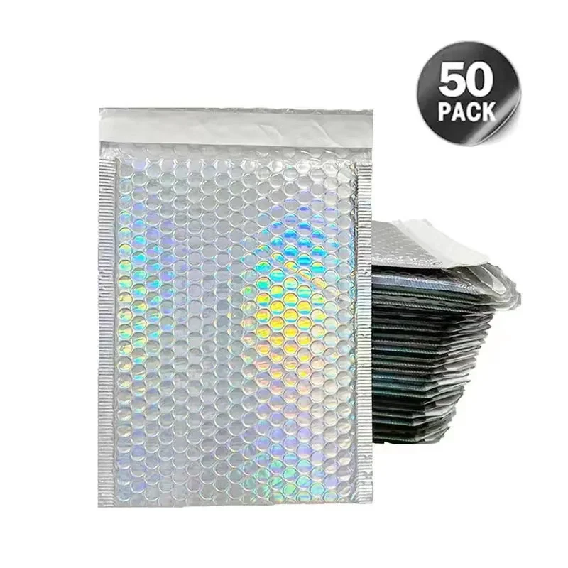 

50PCS Holographic Metallic Bubble Mailer Gift Packaging Glamour Colorful Silver Shades Foil Cushion Padded Shipping Envelopes