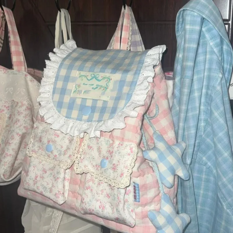 

Floral Canvas Backpacks Korea Y2K Kawaii Sweet Splicing Bag Commute Tote Shoulder Bag High Capacity Backpacks Women's Handbags