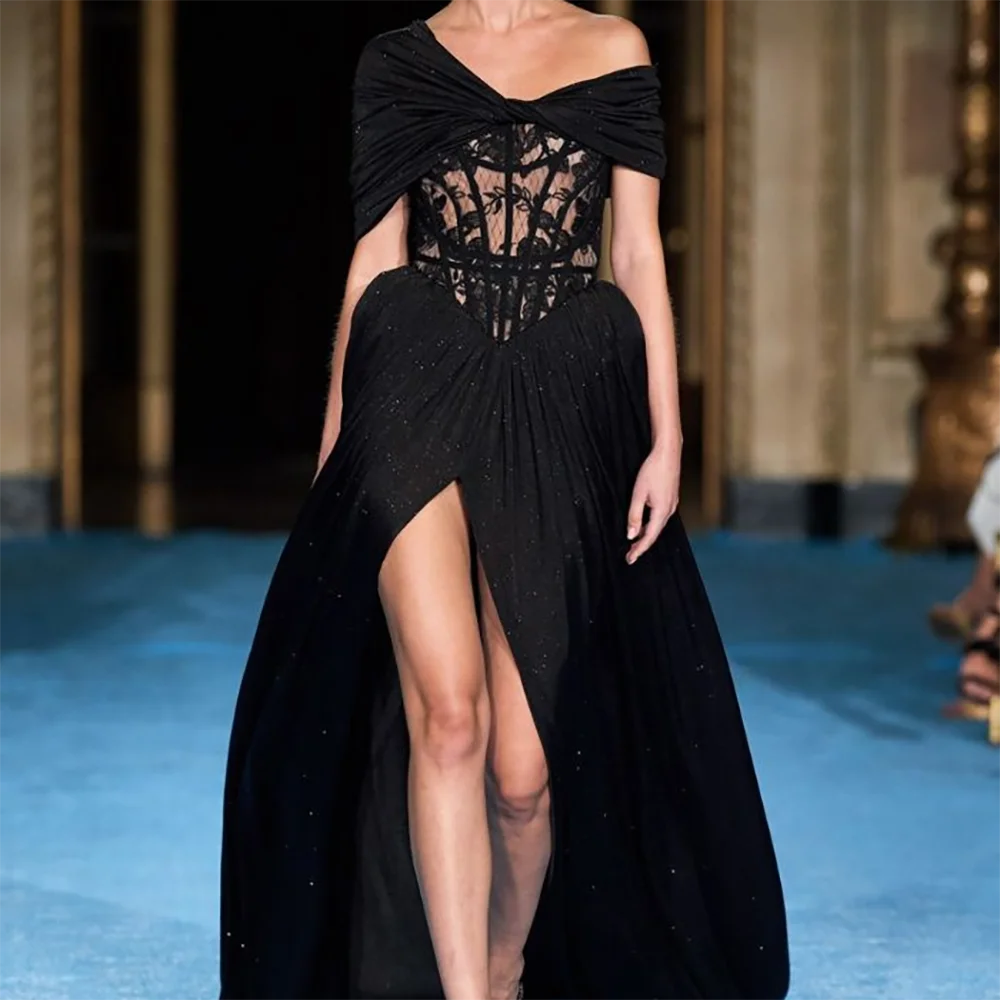 

Classic Off Shoulder Ruched Lace Sleeveless Pleat A-Line Formal Evening Dresses Birthday Party Prom Gowns Customized