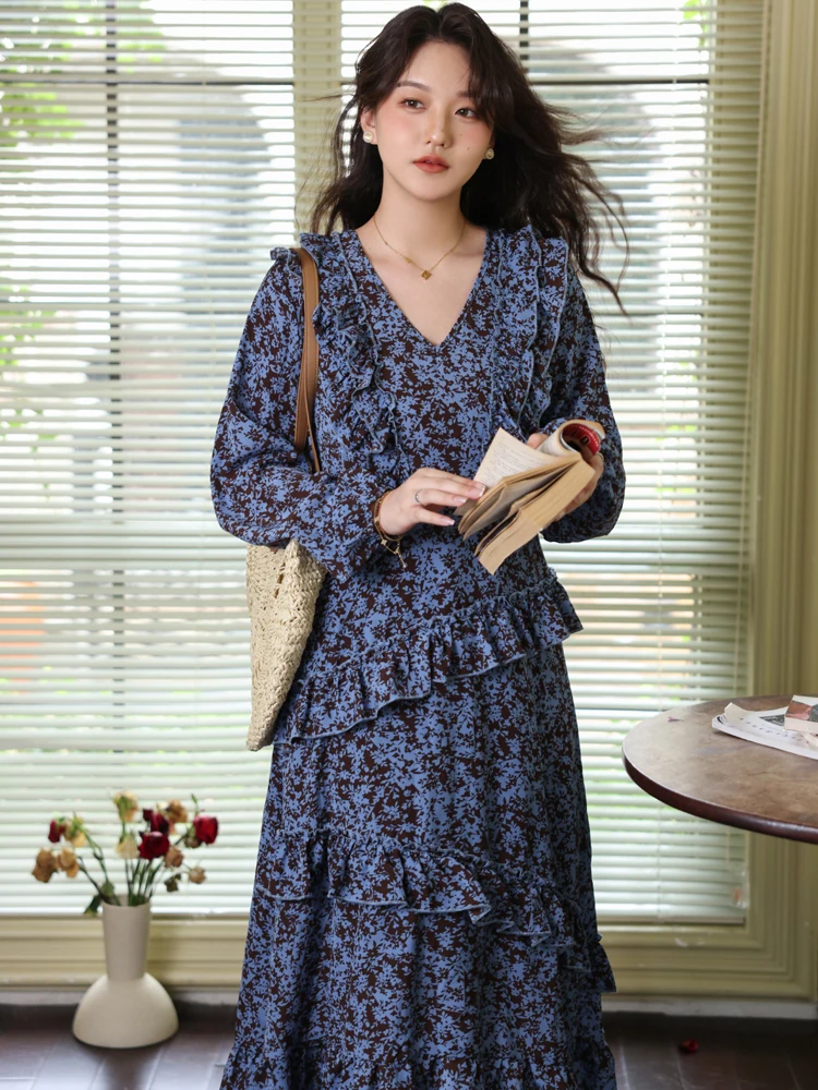 NYFS 2025 الكورية نمط المرأة كم طويل فستان طويل فضفاض حجم كبير الخريف رداء الخامس الرقبة الأزهار Elbise فساتين طويلة #2