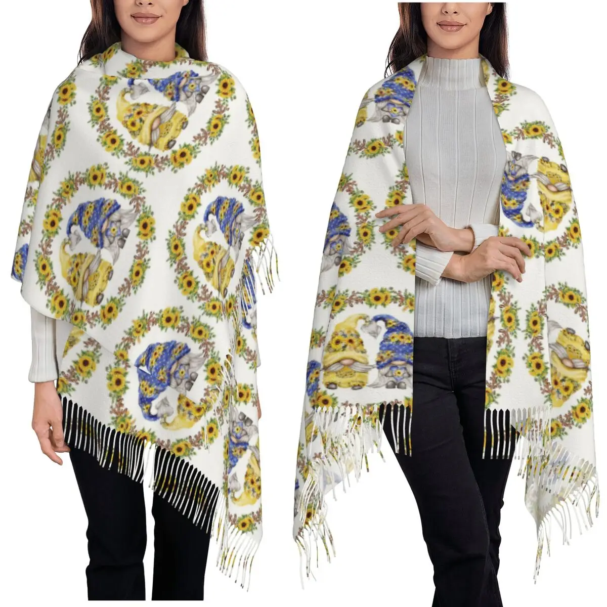 

Шарф с подсолнухом и гномами, шарфы с кисточками для женщин, мягкие теплые шали и накидки, большая осенне-зимняя шаль