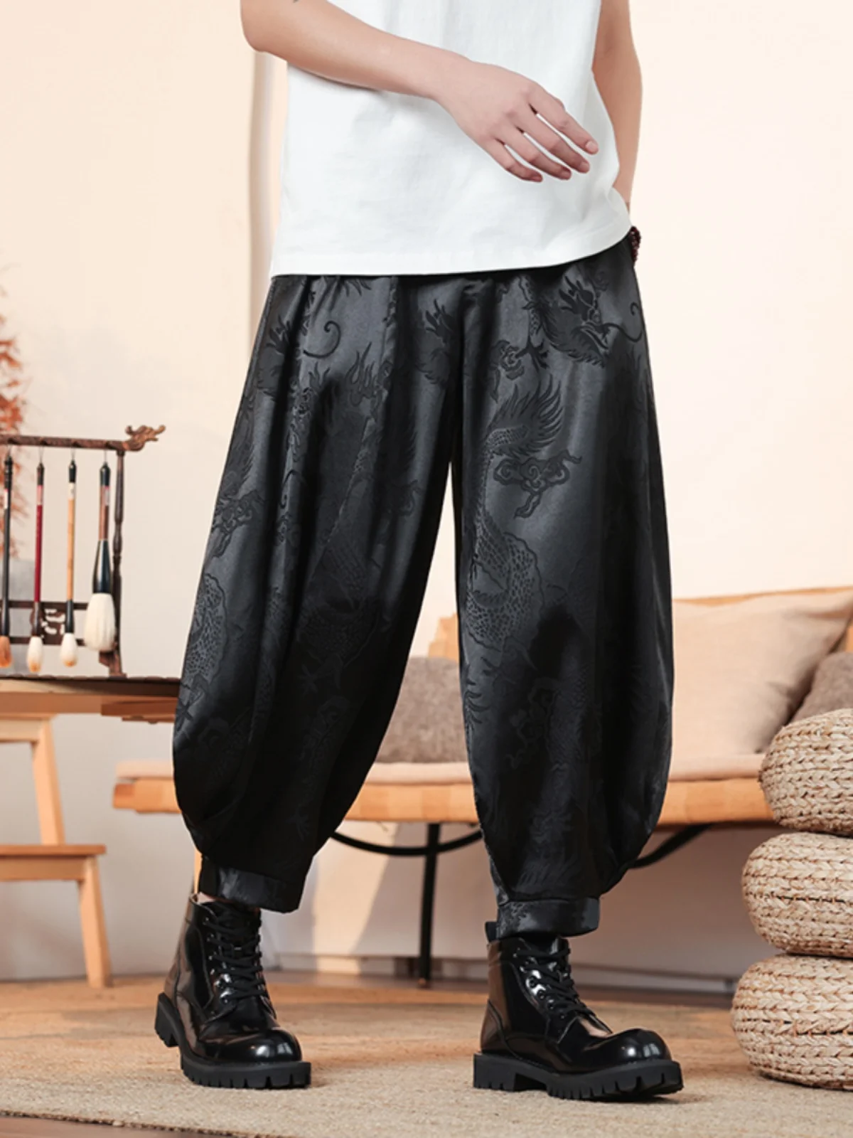 

Qui Dry Ice Silk Men's Sport Pants Drapey Nine-Piece Casual Spring Summer Wide Leg Pants Faionable Sun Protection Clothing