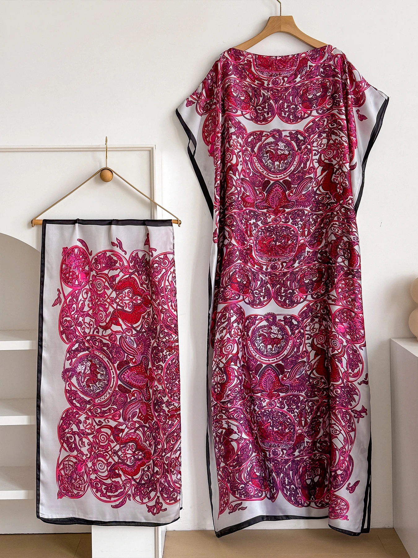 Summer Star Butterfly Firework Print Abaya With Scarf, Loose Maxi Kaftan For African Muslim Women Beach Holiday Wear