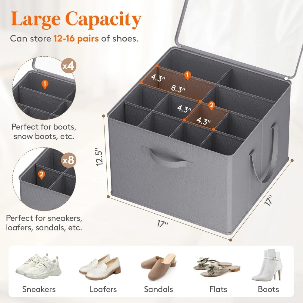 Shoe Cabinet Storage Organizer, Fits 12-16 Pairs, Large Shoe Box Storage Container, Transparent Lid and Reinforced Handle