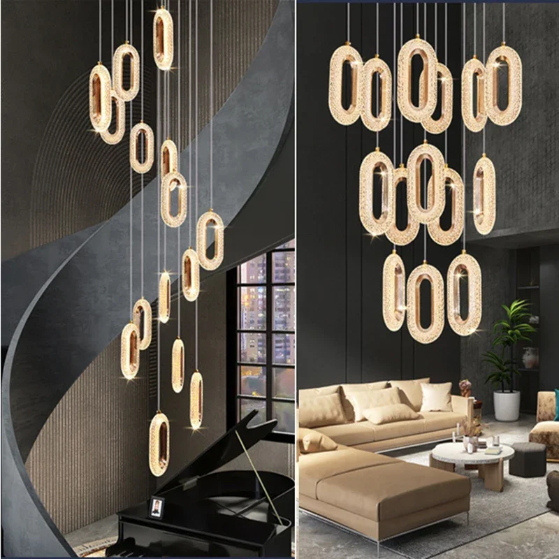 Modern Alloy+Acrylic LED Chandelier Gold Hanging Lamp Living Dining Room Stairwell Hall Lobby Hanging Lamps Fixture Indoor Decor