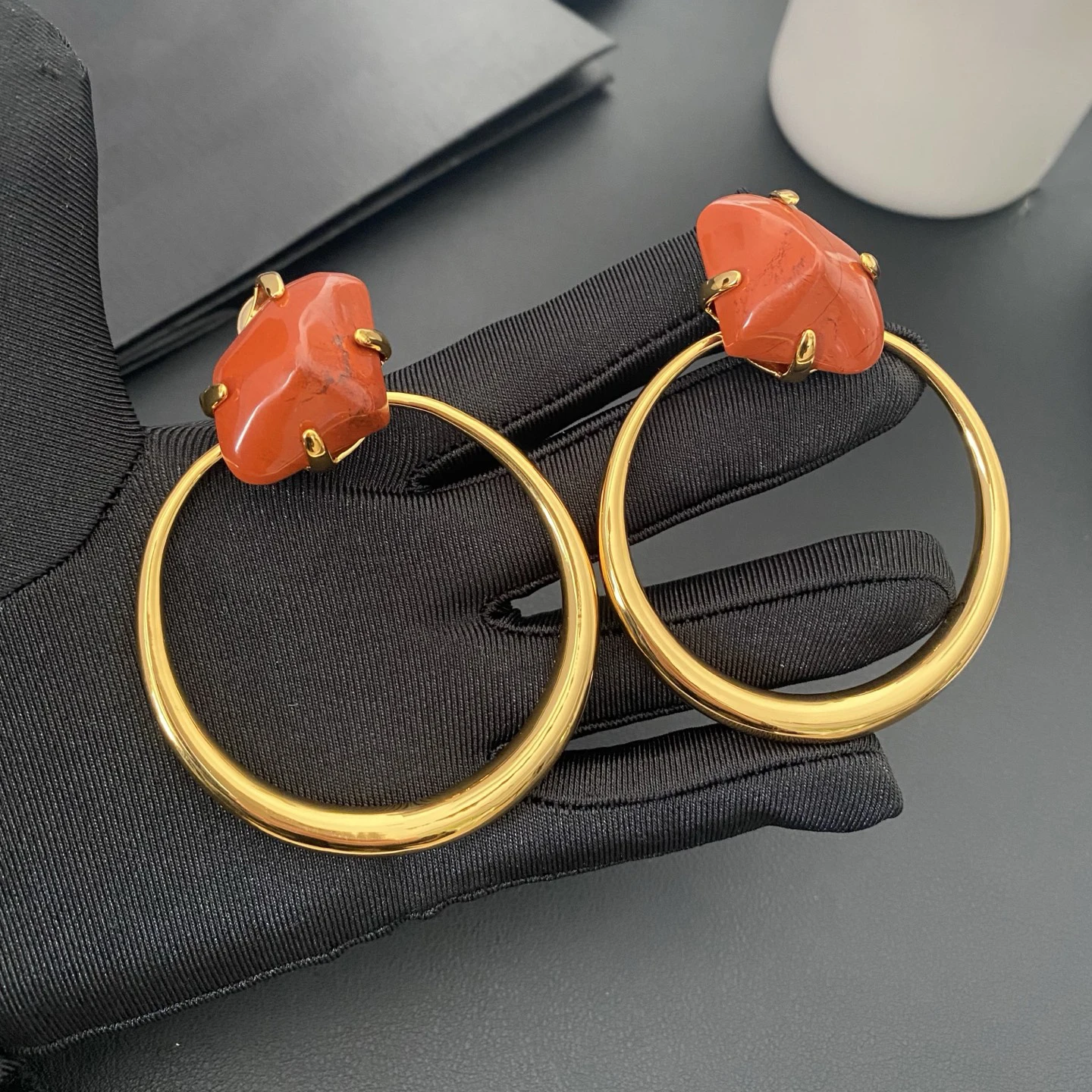 Europe American Brand Red Natural Stone Round Gold Earring Ear Clip Woman Luxury Jewelry