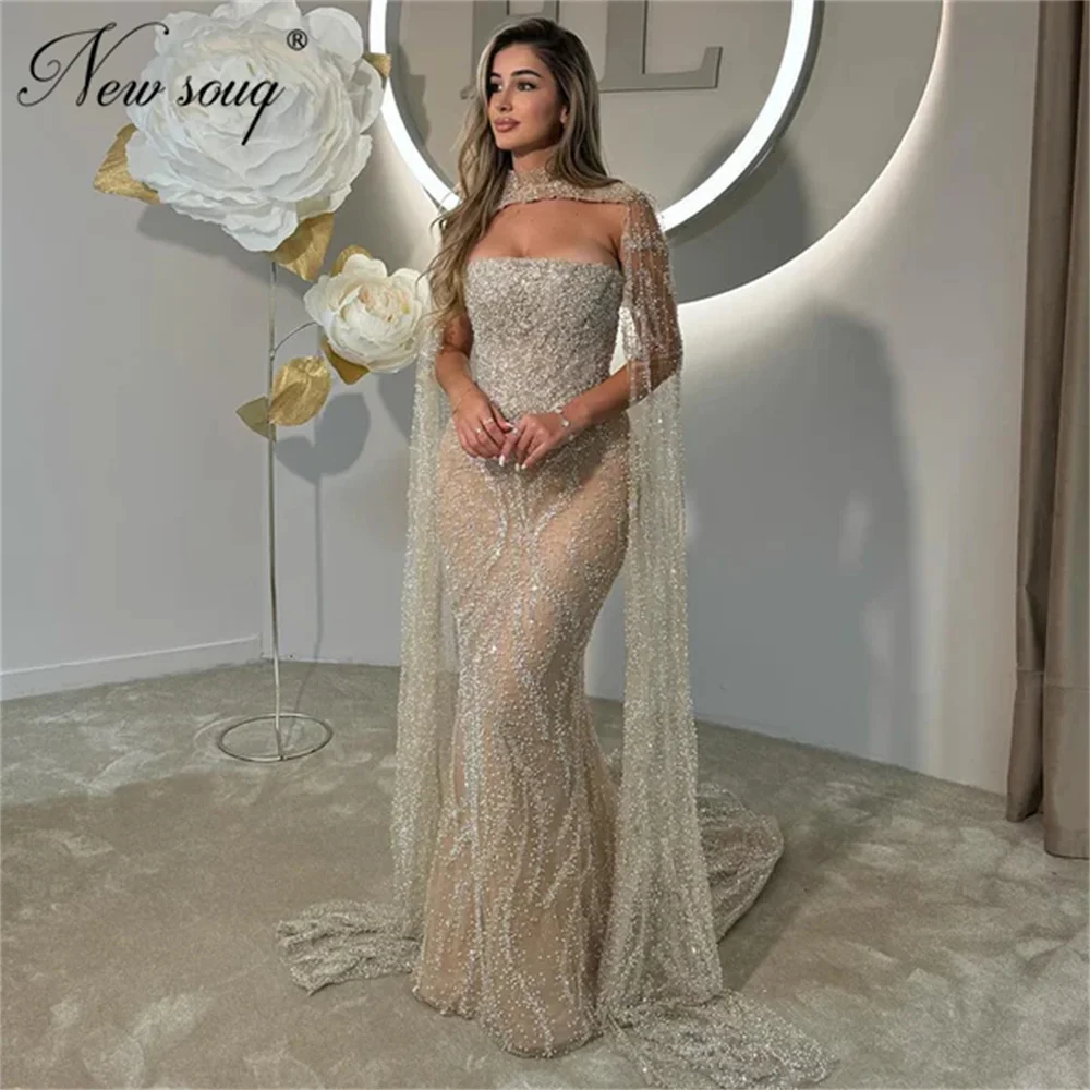 

Charming Champagne Mermaid Prom Dresses Cape Long Sleeves Sequins Evening Dress Customized Beaded Wedding Party Gowns Robes 2026