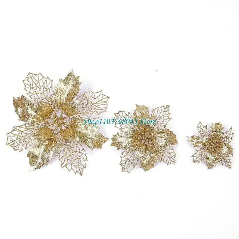 R53F 11cm Christmas Glitter Poinsettia Flower Decorative Xmas Tree Flowers for Wreath