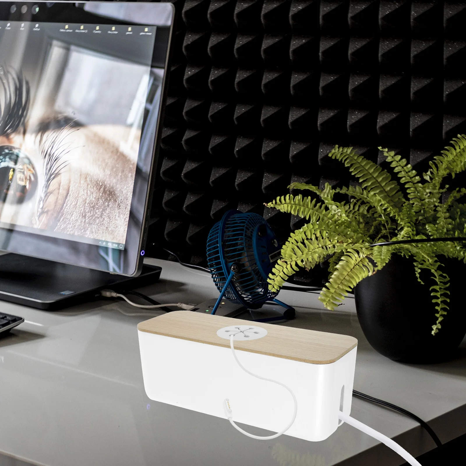 Cable Cord Organizer ABS Wood Wire Management Box Compact Stylish Desk Cable Storage Case Hidden Socket Protector