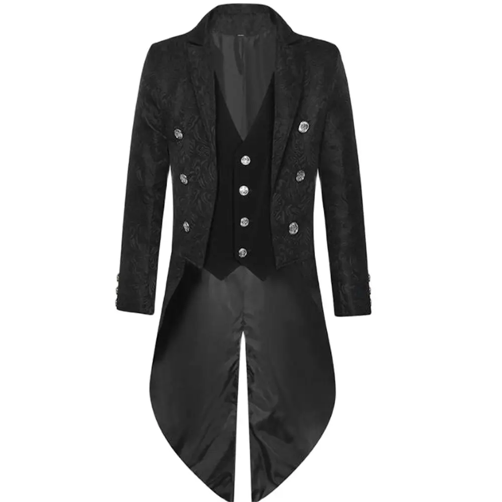 

Adult Men Medieval Cosplay Black Jackets Devil Fashion Gothic Steampunk Tailcoat Costume Black Brocade Damask Wedding Halloween