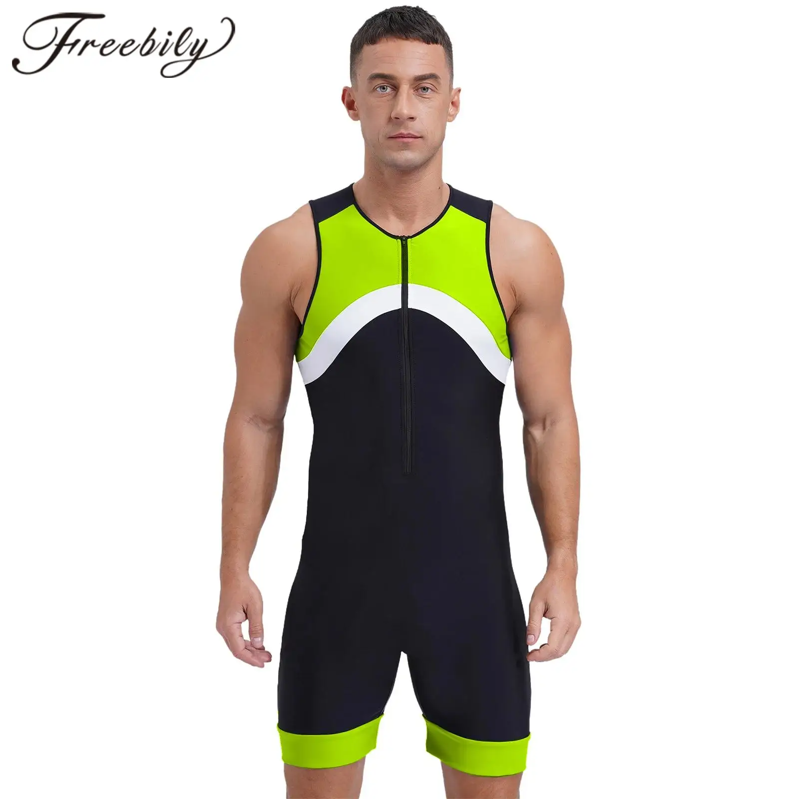 

Men Sports Jumpsuit Swimwear One-Piece Sleeveless Zipper Bodysuit for Gymnastics Swimming Surfing Cycling Rowing Workout Leotard