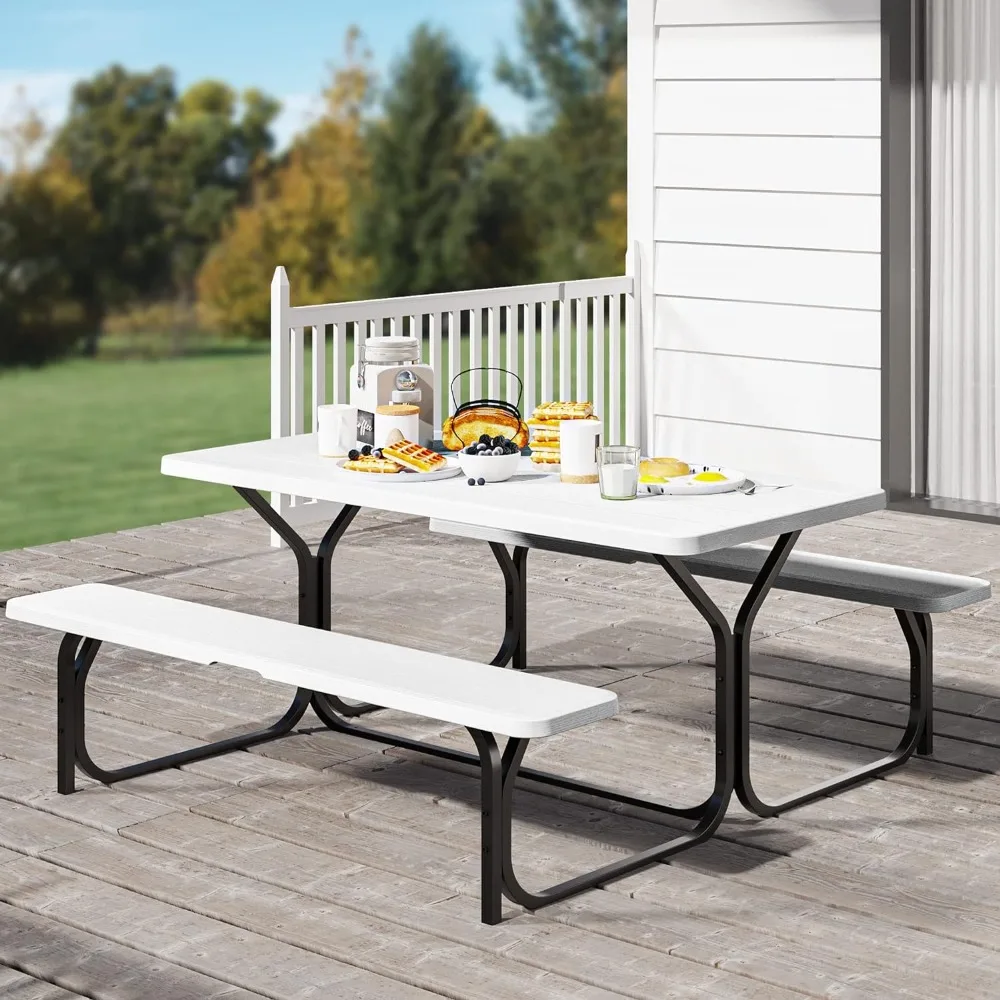 

Picnic Table Heavy Duty Outdoor Picnic Table and Bench with Weather Resistant Resin Tabletop & Stable Steel Frame,Picnic Table