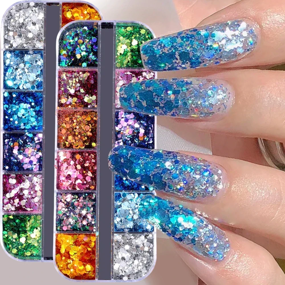 3D Iridescent Nail Art Sequins Candy Color Nail Glitter DIY Chrome Powder Sparkly Hexagon Chunky Flakes Manicures Decorations