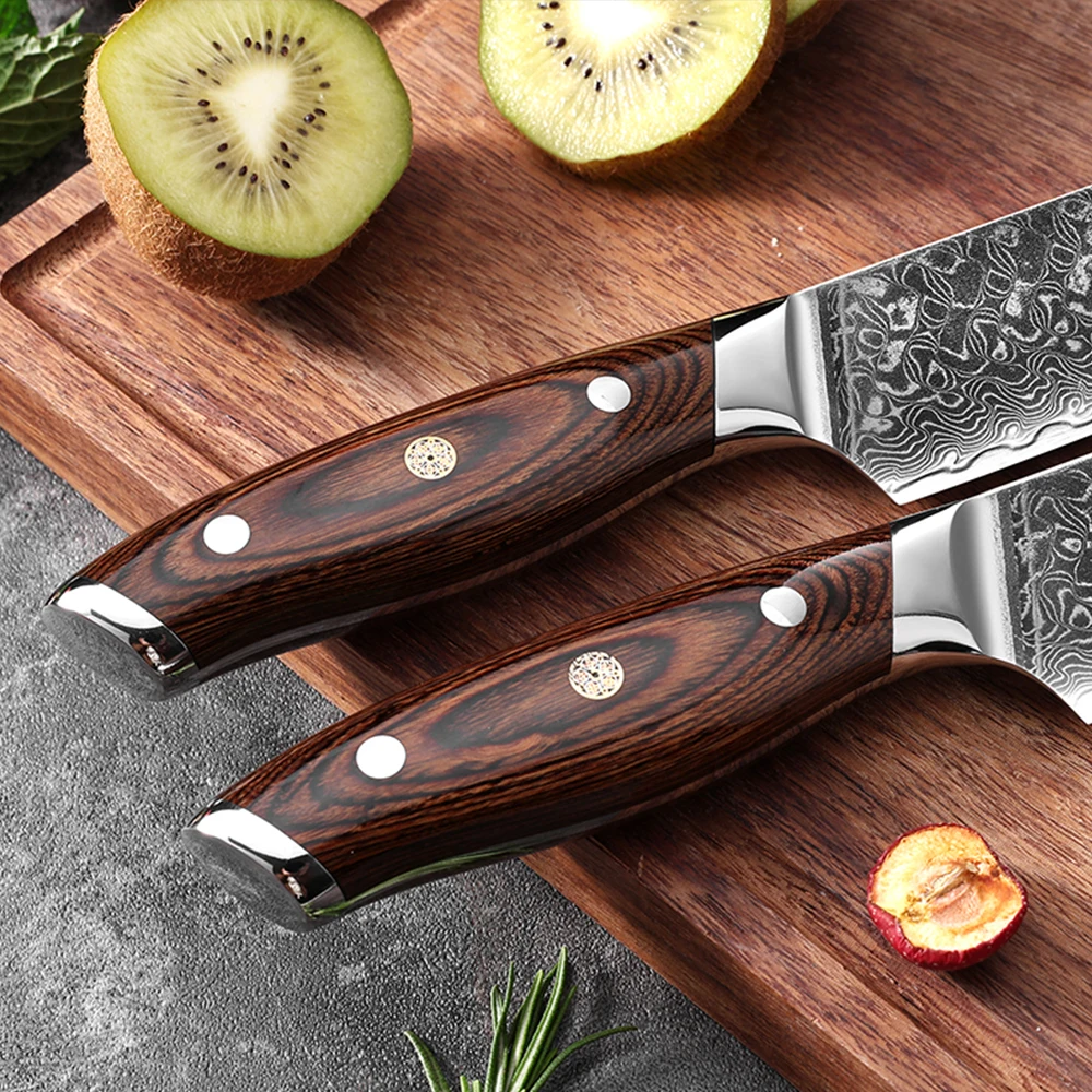 YAN Professional Japanese 5 Inch Damascus Utility Knife 67 Layers VG10 Core Sharp Kitchen Knife Brown Pakka Wood Handle Gift Box