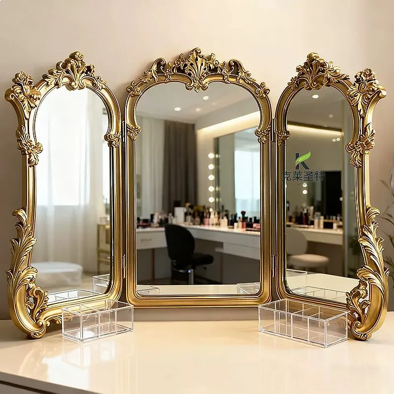 N80 French Vintage Vanity Mirror Foldable Wall Mounted Bathroom Mirror European Carved Three-Panel Decorative Mirror
