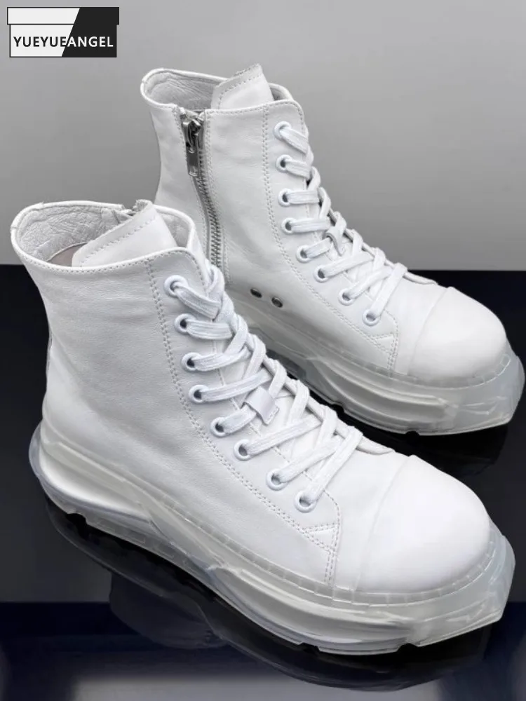 Fashion Mens Transparent Thick Platform Shoes Lace Up Zip Cowskin Genuine Leather Causal Platform Shoes Male High Top Sneakers