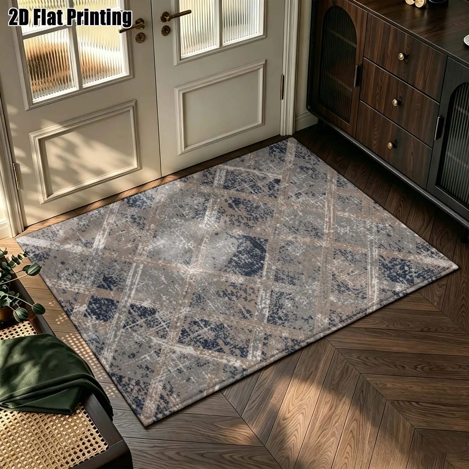 1Pc 2D Printed Retro Blue-Grey Geometric Line Carpet, Nordic/Instagram/Modern Minimalist/European Style, Washable Floor Mat for Entrance, Dining, Foyer, Bedroom, Living Room, Home Decor
