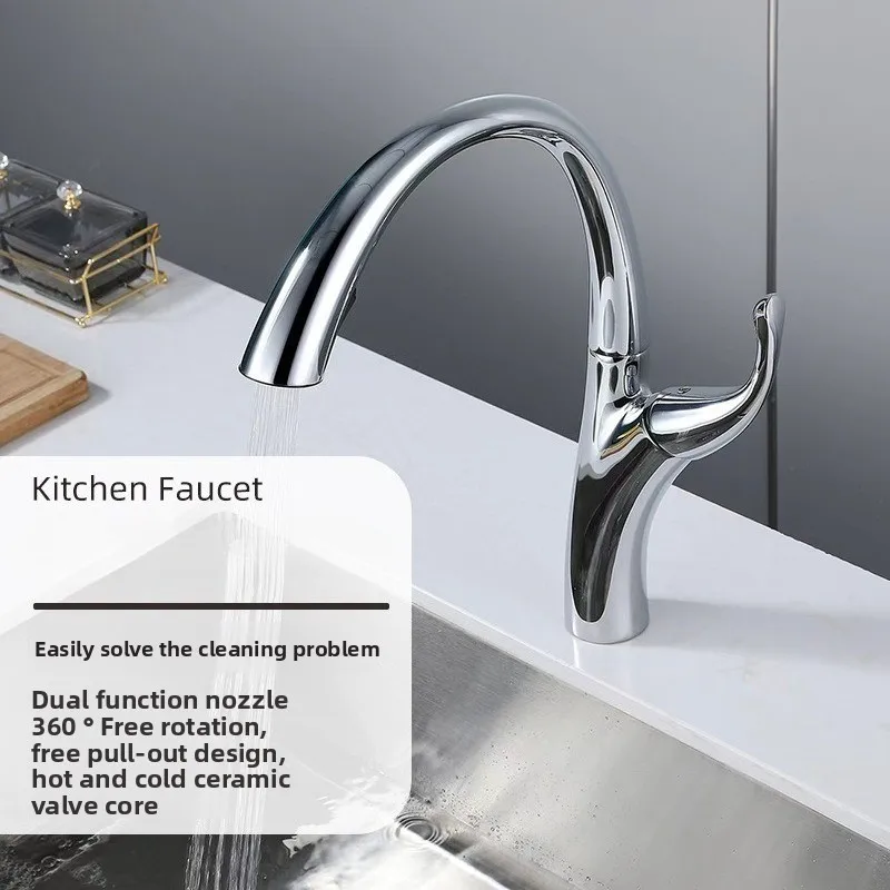 Pull Out Kitchen Faucet with Swivel Spout Hot and Cold Water Chrome Plated Anti Splash Sink Tap