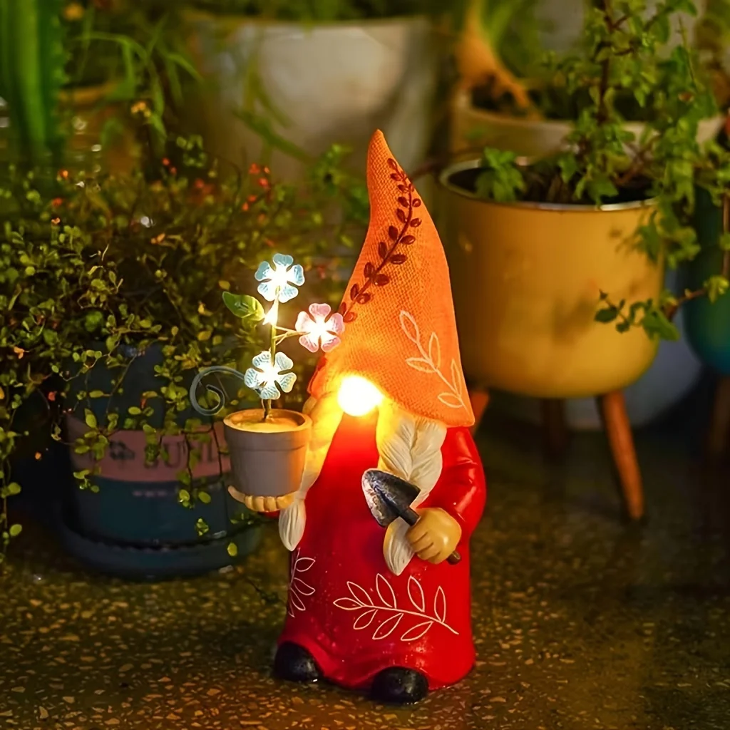 

Garden Gnome Decorations Outdoor, Outdoor Garden Solar Gnome Statue Light, Garden resin solar energy dwarf with flower pot shove