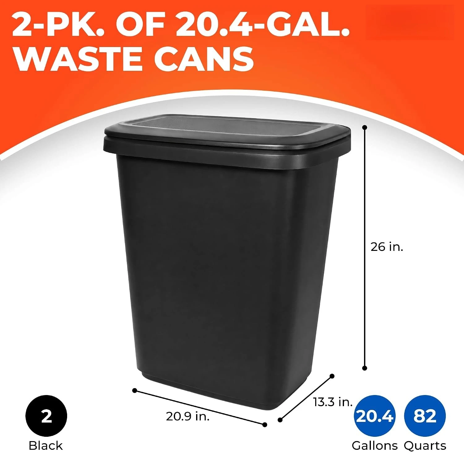 20 Gallon Trash Can with Built-in Divider for Kitchen, Garage & Recycling – Extra Large Capacity Heavy Duty Plastic Dual Compartment Bin, 2 Pack