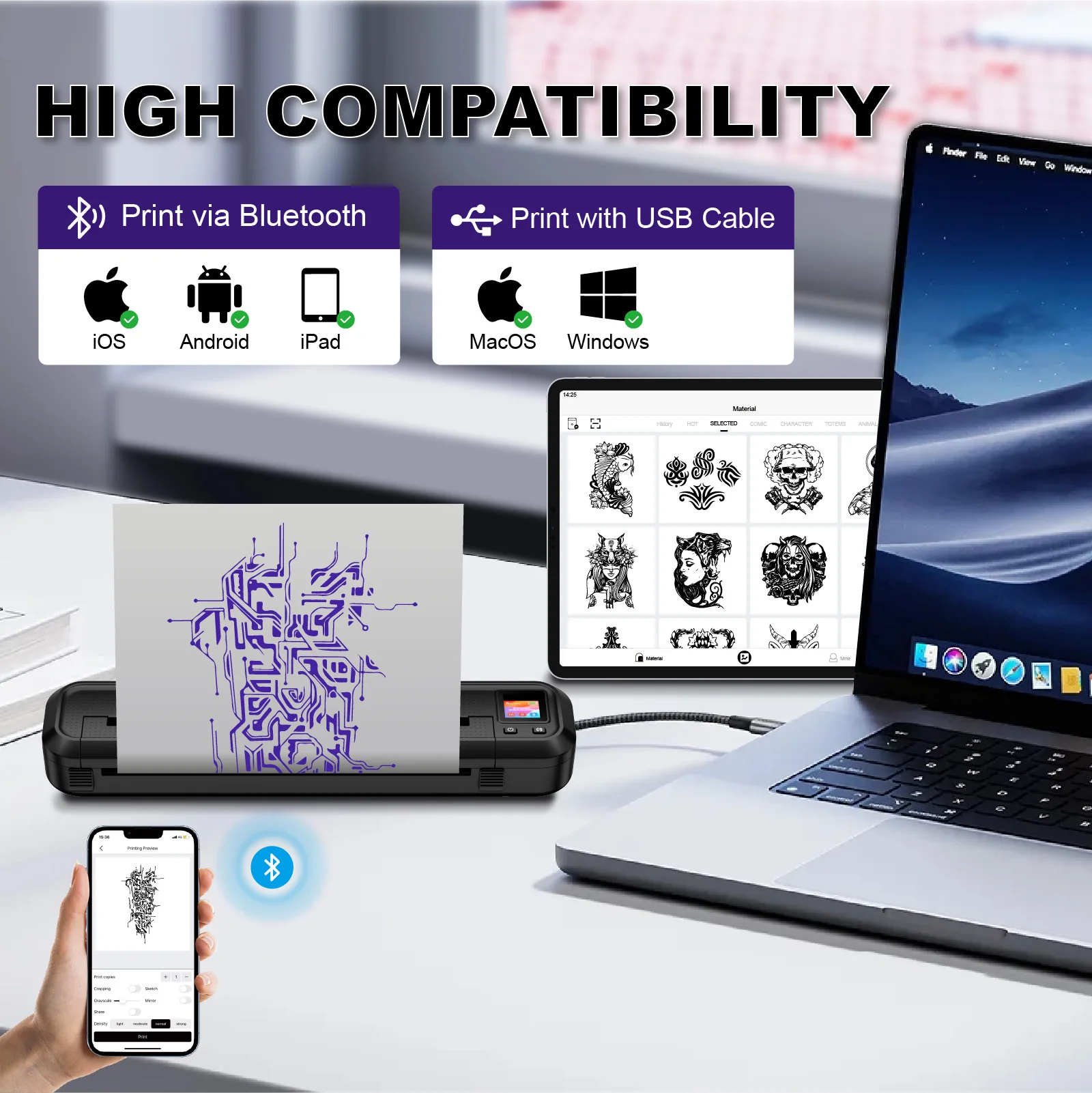 طابعة قالب نقل الوشم المحمولة، نقل LCD، طباعة رسم نسخ حراري غير لامع للهواتف المحمولة وأجهزة الكمبيوتر