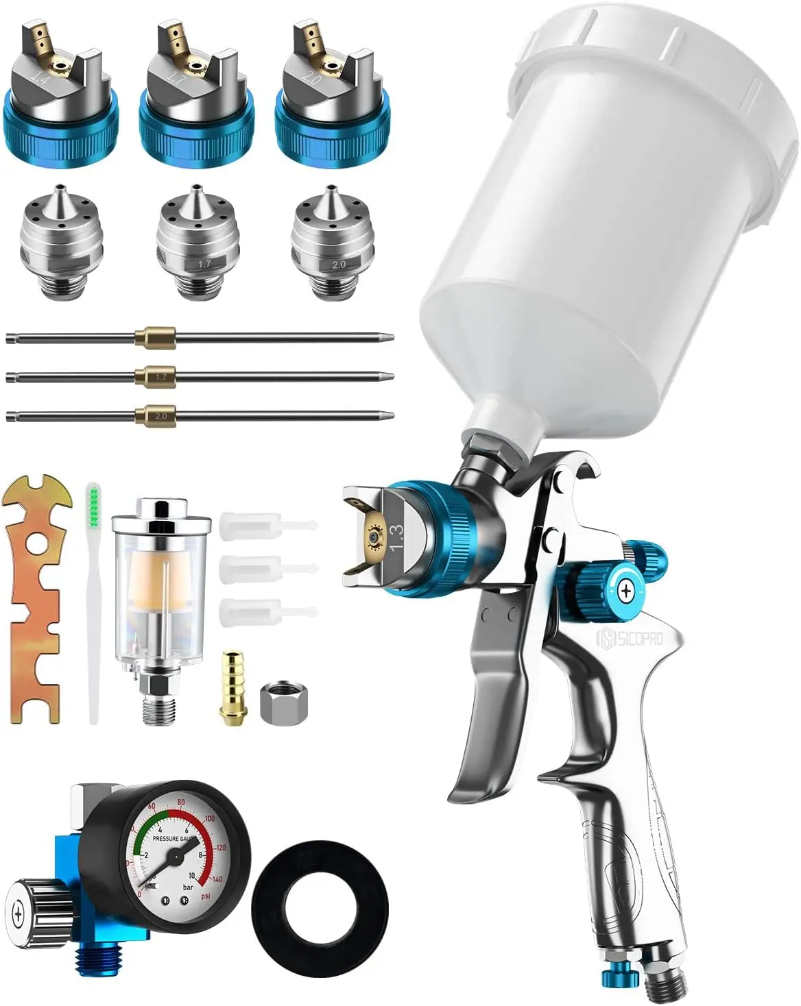 

HVLP Paint Sprayer Gun for House, Cars, 1.4/1.7/2.0mm 15 Nozzle Holes, Air Regulator