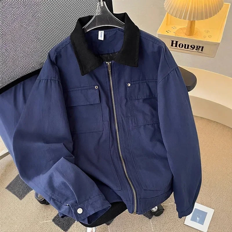 سترة عمال أمريكية كلاسيكية فضفاضة غير رسمية للرجال نمط الطيار ملابس خارجية عصرية من ألياف البوليستر بسحاب إغلاق ربيع الخريف