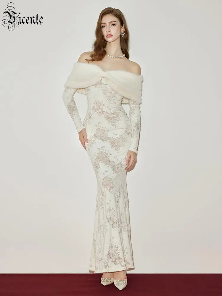 VC White Off-Shoulder Fur Trim Lace Maxi Dress 2026 Elegant Bodycon Formal Gown Long Sleeve Turtleneck Evening Party Dress