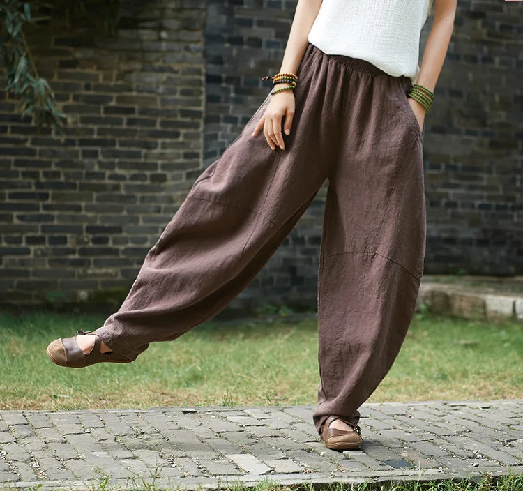 

Свободные широкие брюки-фонарики Брюки для йоги Конопляный хлопок l Талия Удобные женские сидящие длинные брюки Повседневные брюки