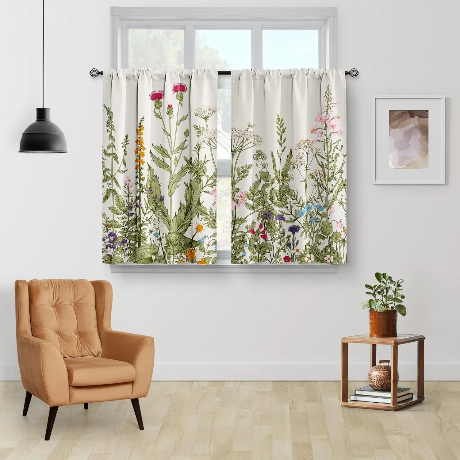Floral Rustic Plant Kitchen Curtains - Spring Flower Botanical Vintage Farmhouse Country Green Leaves Cafe Short Tier Curtains