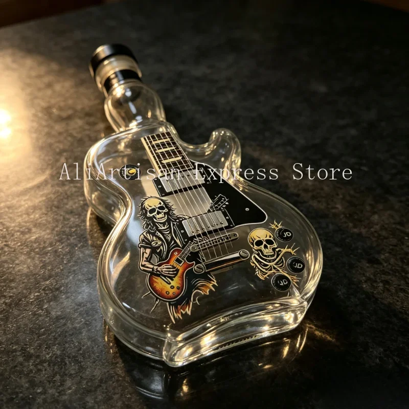 Rock Skeleton Graphic Guitar Whiskey Decanter, Clear Glass Liquor Bottle With Stand, Stylish Bar Accessory Gift For Rock Fans