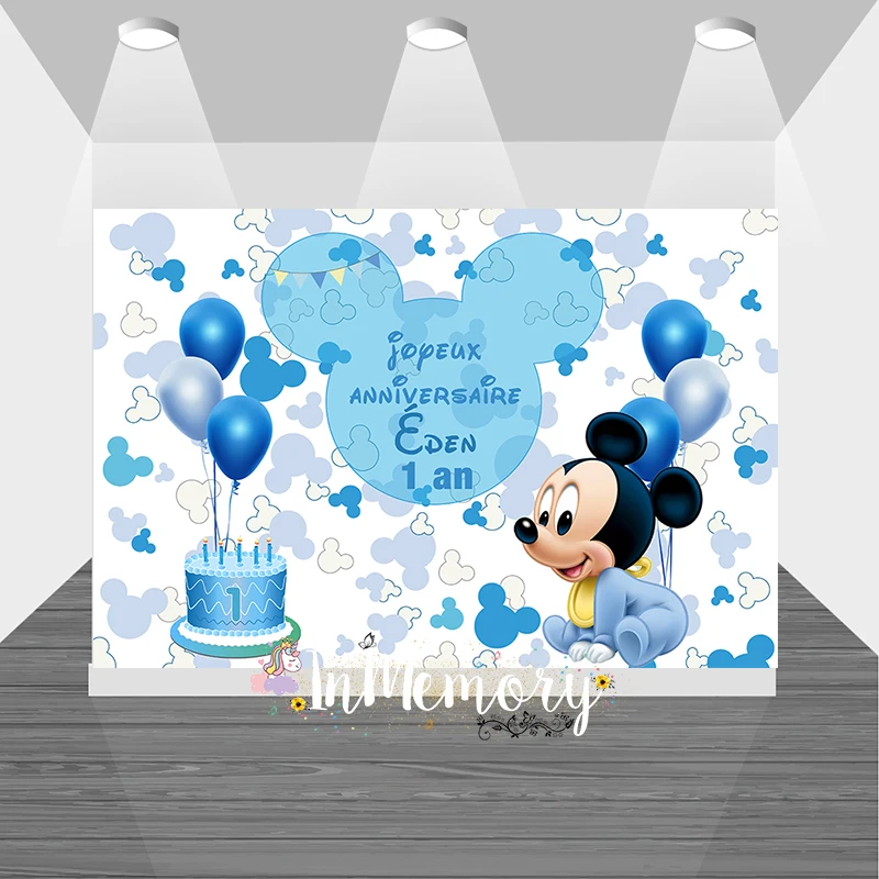 Blue Mickey Mouse Baby Shower Photography Backdrop Vinyl Custom Mickey Baby Boy Party Decor Birthday Background for Photo Studio