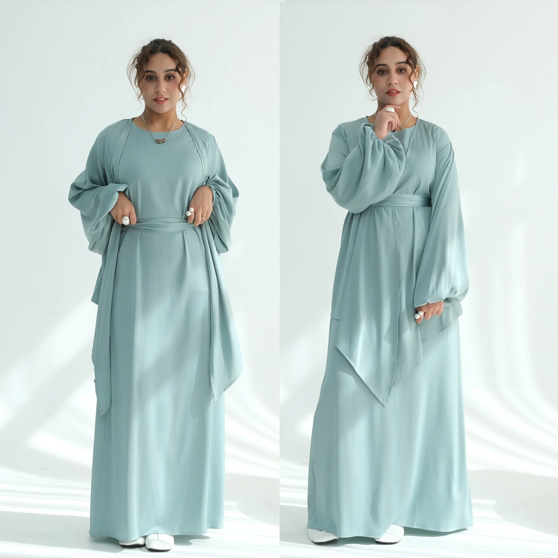 

Ид 2 шт. атласный мусульманский комплект женское мусульманское платье макси кимоно кардиган пальто Абая Турция кафтан Рамадан исламская одежда арабские наряды