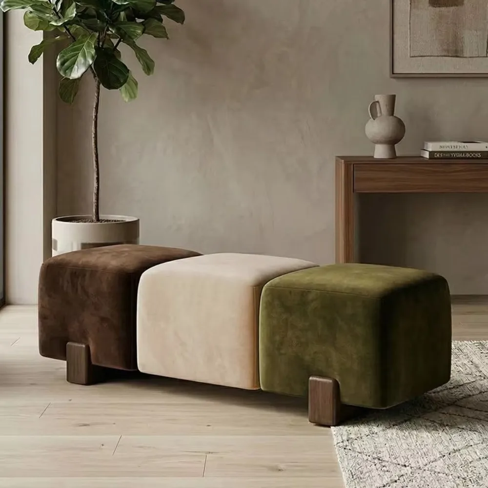 Modular Velvet Upholstered Long Ottoman Bench Solid Wood Leg Stool Multi Scene Bed End Bench Living Room Hallway Sofa Foot Stool