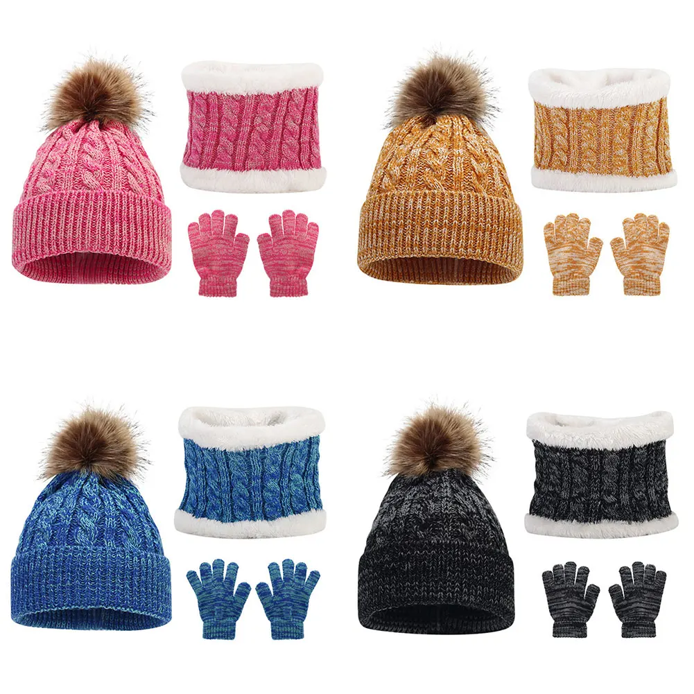 Conjunto de 3 piezas de colores mezclados y cálidos para niños de 3 a 12 años, gorro, bufanda, guantes, equipo cálido de tres piezas para clima frío